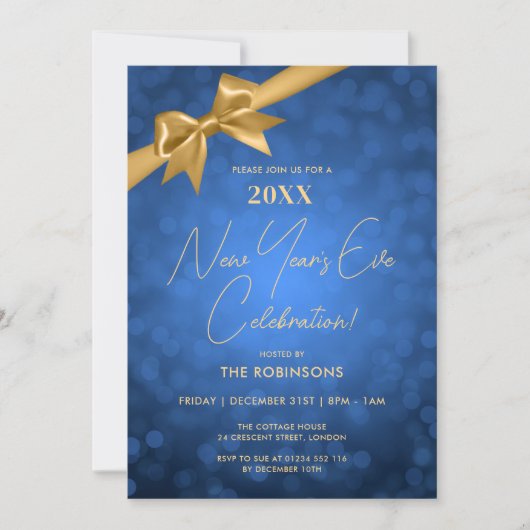 Classy New Years Eve Party Navy Gold Bokeh Bow Kaart (Voorkant)