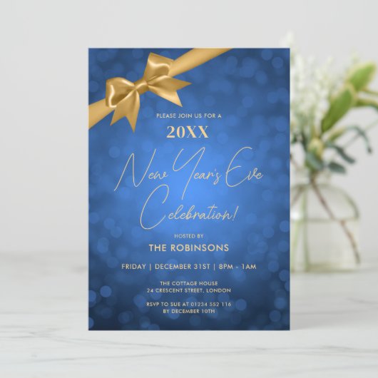 Classy New Years Eve Party Navy Gold Bokeh Bow Kaart (Staand voorkant)