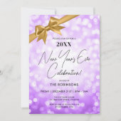 Classy New Years Eve Party Paarse Bokeh Gold Bow Kaart (Voorkant)