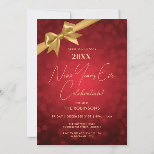 Classy New Years Eve Party Red Gold Bokeh Bow Kaart (Voorkant)