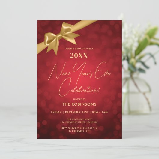 Classy New Years Eve Party Red Gold Bokeh Bow Kaart (Staand voorkant)