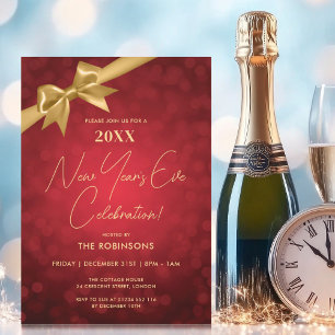 Classy New Years Eve Party Red Gold Bokeh Bow Kaart