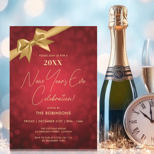 Classy New Years Eve Party Red Gold Bokeh Bow Kaart