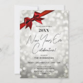 Classy New Years Eve Party Silver Bokeh Red Bow Kaart (Voorkant)