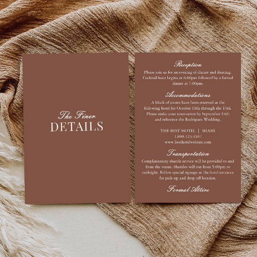 Classy Old Money Mocha Brown Ivory Wedding Details Informatiekaartje