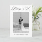 Classy Old Money Script Black White Photo Wedding Bedankkaart (Staand voorkant)