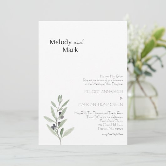 Classy Olive Branch Huwelijksuitnodiging Kaart (Staand voorkant)