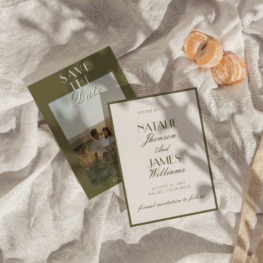 Classy Olive Green Old Money Classic Photo Wedding Save The Date