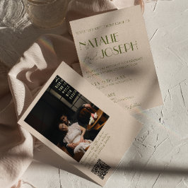 Classy Olive Green Old Money Photo QR Code Wedding Kaart