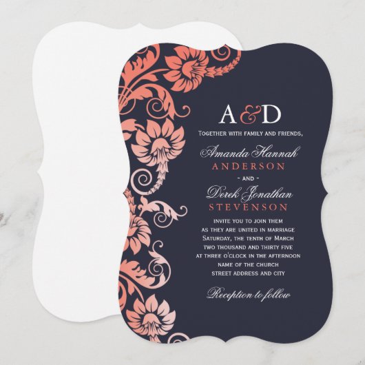 Classy Ombre Coral en Blue Wedding Invitations Kaart (Voorkant / Achterkant)