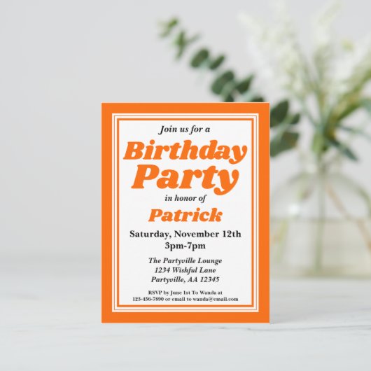 Classy Oranje Adult Birthday Party Uitnodiging Briefkaart (Staand voorkant)