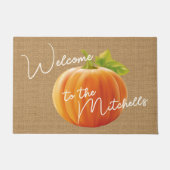 Classy Oranje pomkin op Faux Jute Burlap Welkom Deurmat (Voorkant)