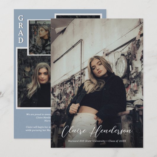 Classy Overlay Foto Dusty Blue Collage Afstuderen Aankondiging (Voorkant / Achterkant)
