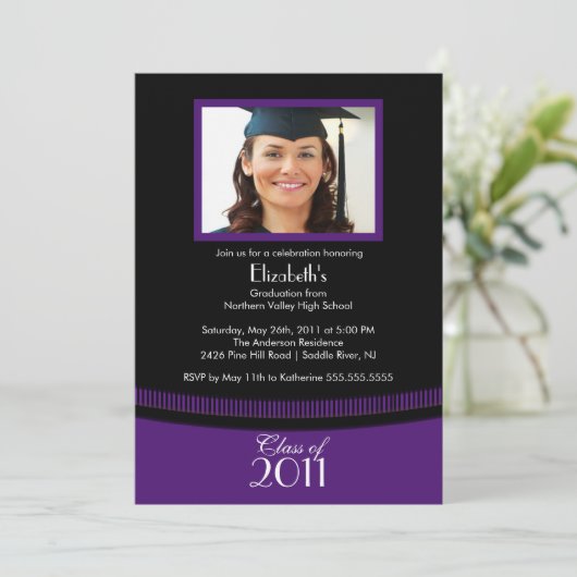 Classy Paars & Black Afstuderen Invitation Foto Kaart (Staand voorkant)