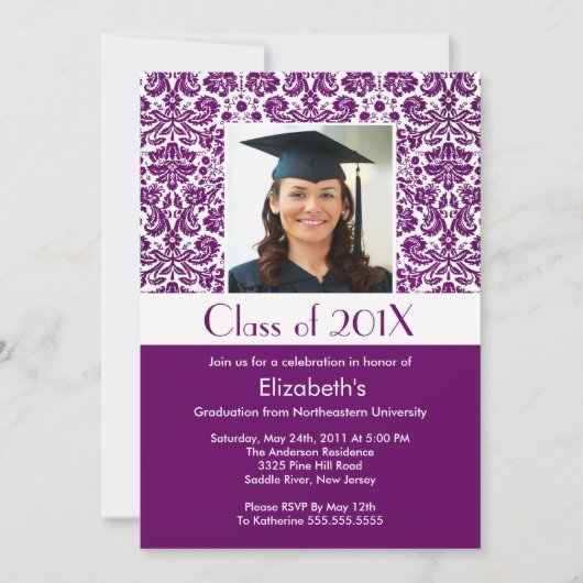 Classy Paars Damask Afstuderen Invitation Foto Kaart (Voorkant)