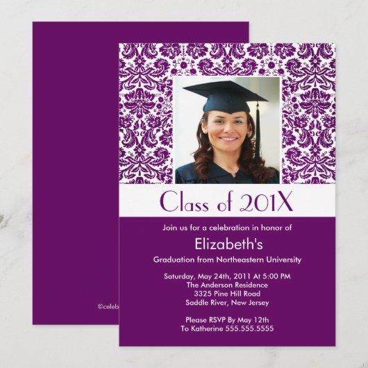 Classy Paars Damask Afstuderen Invitation Foto Kaart (Voorkant / Achterkant)