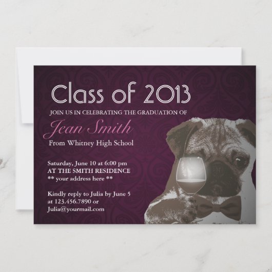 Classy Paars Pug & Wine Graduation Party Invite Kaart (Voorkant)