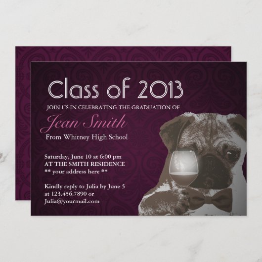 Classy Paars Pug & Wine Graduation Party Invite Kaart (Voorkant / Achterkant)