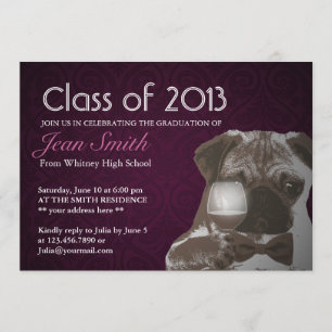 Classy Paars Pug & Wine Graduation Party Invite Kaart