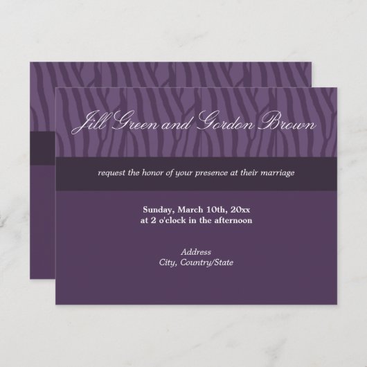 Classy Paars Zebra Wedding Invitation Kaart (Voorkant / Achterkant)