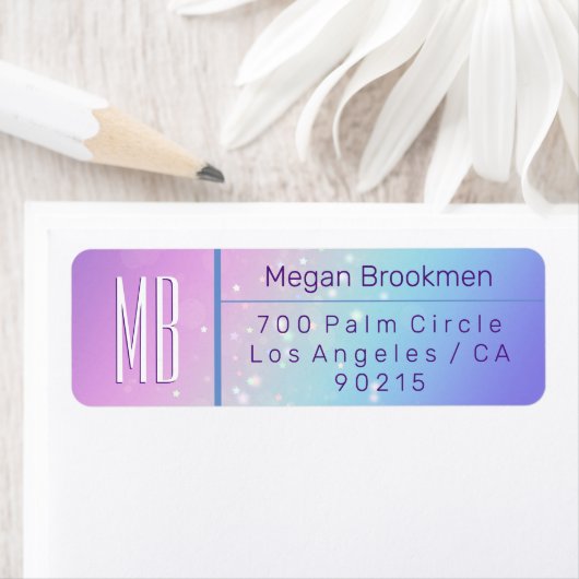 Classy Paarse & Blauwe Bokeh Star Monogram Adres Etiket (Insitu)