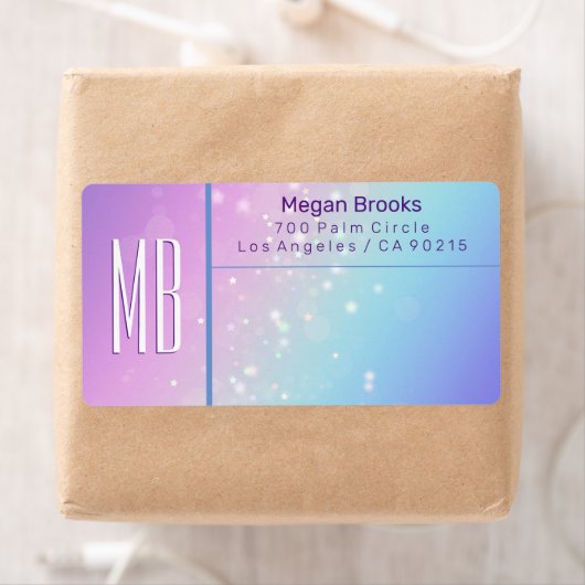 Classy Paarse & Blauwe Bokeh Star Monogram Adres Etiket (Insitu)