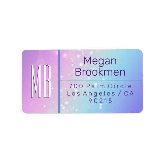 Classy Paarse & Blauwe Bokeh Star Monogram Adres Etiket (Voorkant)