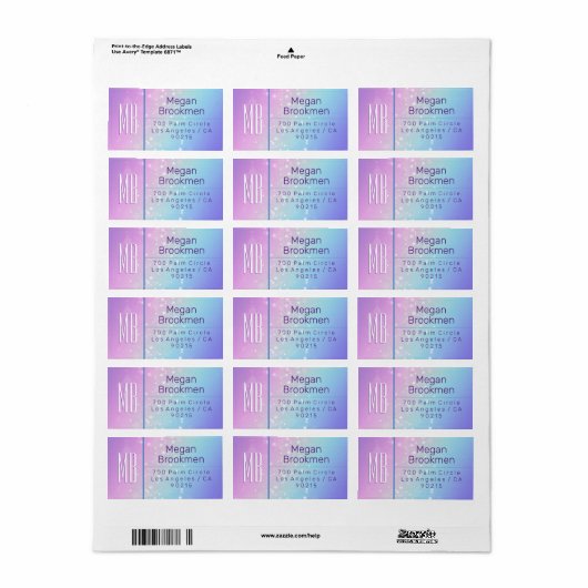 Classy Paarse & Blauwe Bokeh Star Monogram Adres Etiket (Full Sheet)