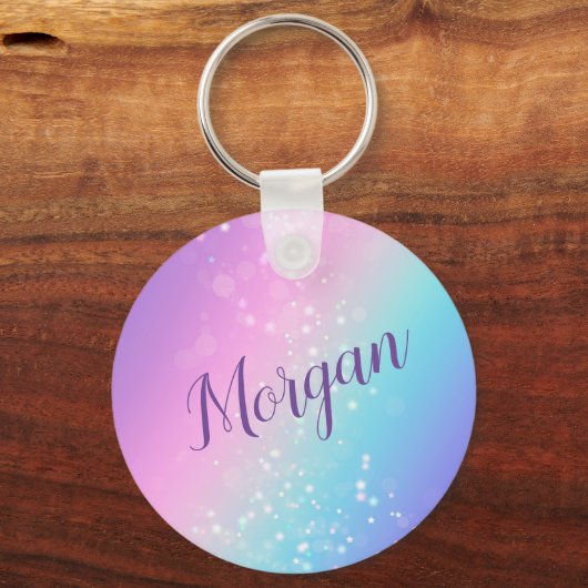 Classy Paarse & Blauwe Bokeh Ster, Naam of Monogra Sleutelhanger (Voorkant)