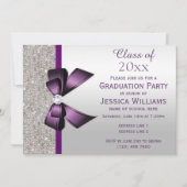 Classy Paarse Gem Bow, Silver Sequins Afstuderen Kaart (Voorkant)