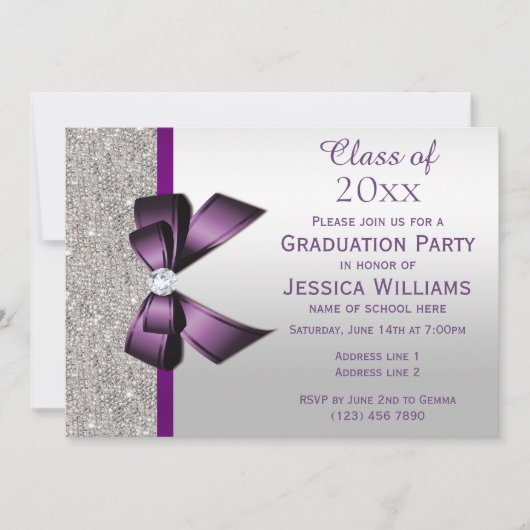 Classy Paarse Gem Bow, Silver Sequins Afstuderen Kaart (Voorkant)