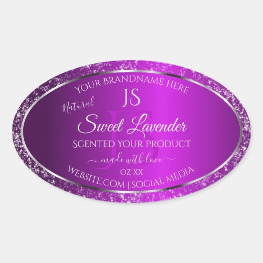 Classy Paarse met Glitter Initialen Productlabels Ovale Sticker (Voorkant)