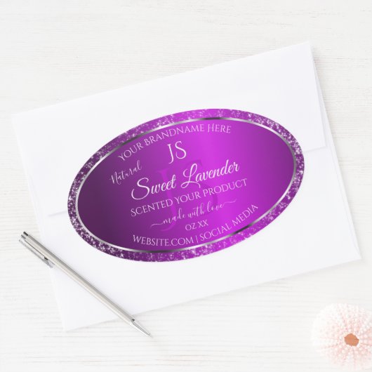 Classy Paarse met Glitter Initialen Productlabels Ovale Sticker (Envelop)