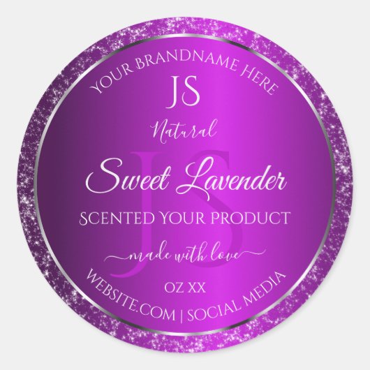 Classy Paarse met Glitter Initialen Productlabels Ronde Sticker (Voorkant)