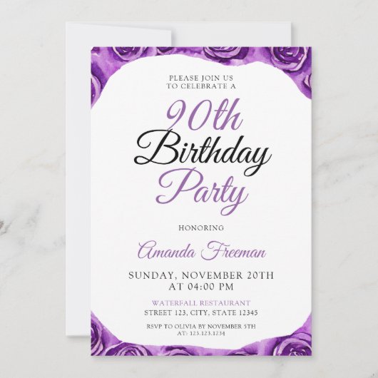 Classy Paarse Roos 90ste verjaardag Kaart (Voorkant)