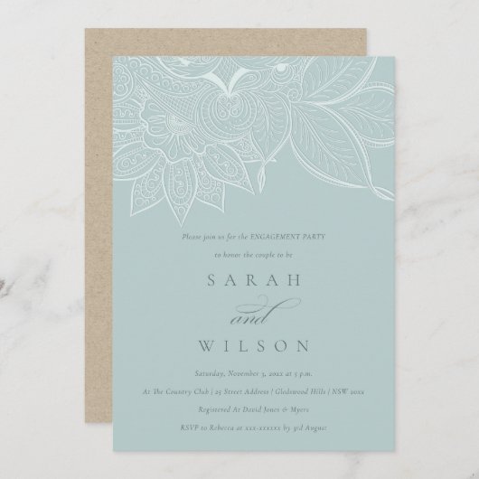 Classy  Paisley Dusky Blue Verloving Invite Bedankkaart (Voorkant / Achterkant)