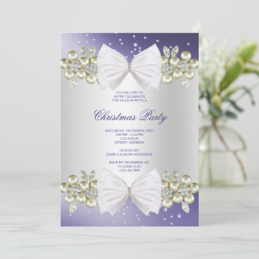 Classy Pareltjes & Bow Blue Christmas Kaart (Staand voorkant)