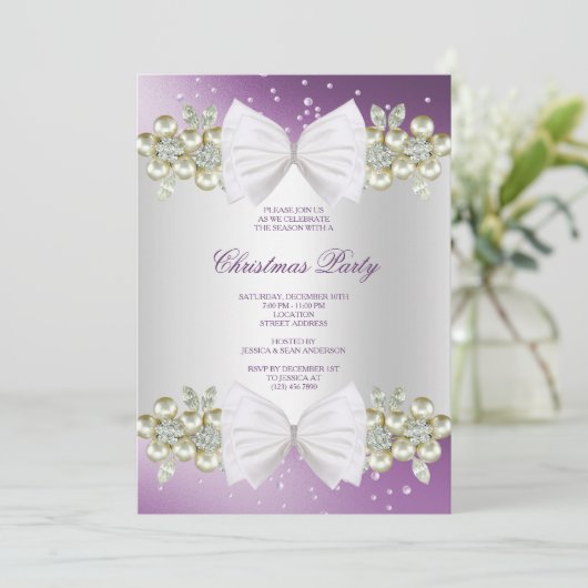 Classy Pareltjes & Bow Paarse Kerst Kaart (Staand voorkant)