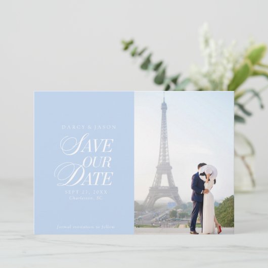 Classy Pastel Blue Elegant Save the Date Card (Staand voorkant)