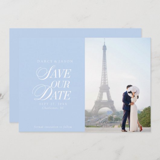 Classy Pastel Blue Elegant Save the Date Card (Voorkant / Achterkant)