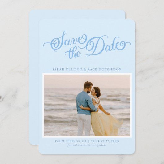 Classy Pastel Blue Elegant Script Sla de datum op Save The Date (Voorkant / Achterkant)