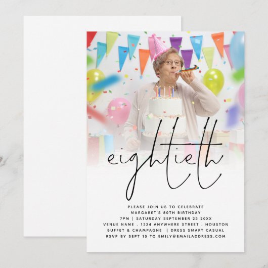 Classy Photo Overlay Script 80th Birthday Party Kaart (Voorkant / Achterkant)