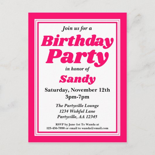 Classy Pink Adult Birthday Party Uitnodiging Briefkaart (Voorkant)
