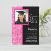 Classy Pink & Black Afstuderen Invitation Foto Kaart (Staand voorkant)