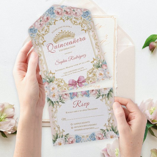 Classy Pink Bow Floral Quinceañera All In One Uitnodiging
