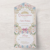 Classy Pink Bow Floral Quinceañera All In One Uitnodiging (Binnen)