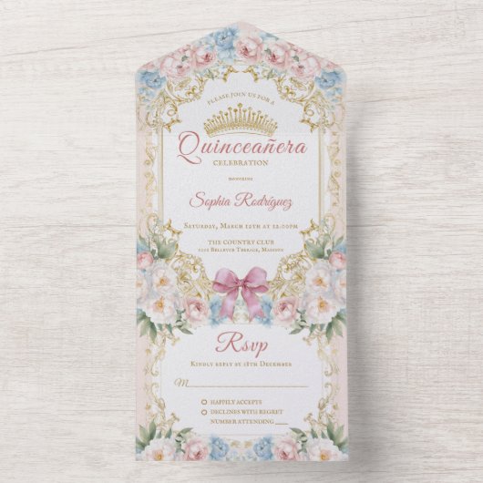 Classy Pink Bow Floral Quinceañera All In One Uitnodiging (Binnen)