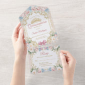 Classy Pink Bow Floral Quinceañera All In One Uitnodiging (Afscheurbaar)