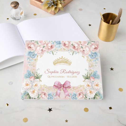 Classy Pink Bow Floral Quinceanera Custom Gastenboek (Voorkant open)