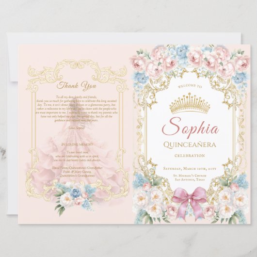 Classy Pink Bow Floral Quinceanera Programma (Voorkant)